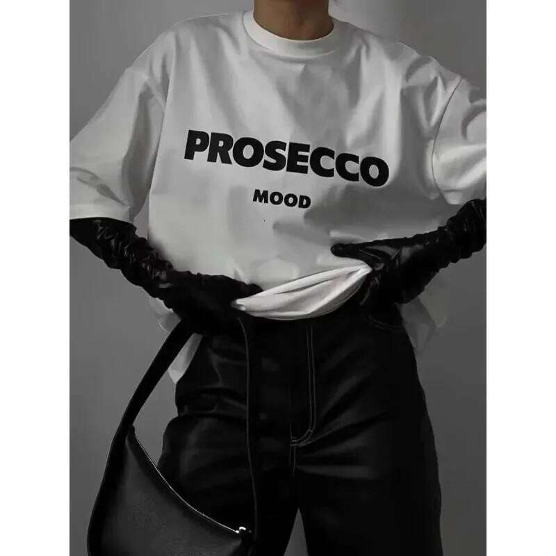 PROSECCO MOOD Letter Graphic Printed Cotton T-Shirts Women Oversize Female Clothing Soft Round Neck Lady Y2k Tops Summer XJ260306