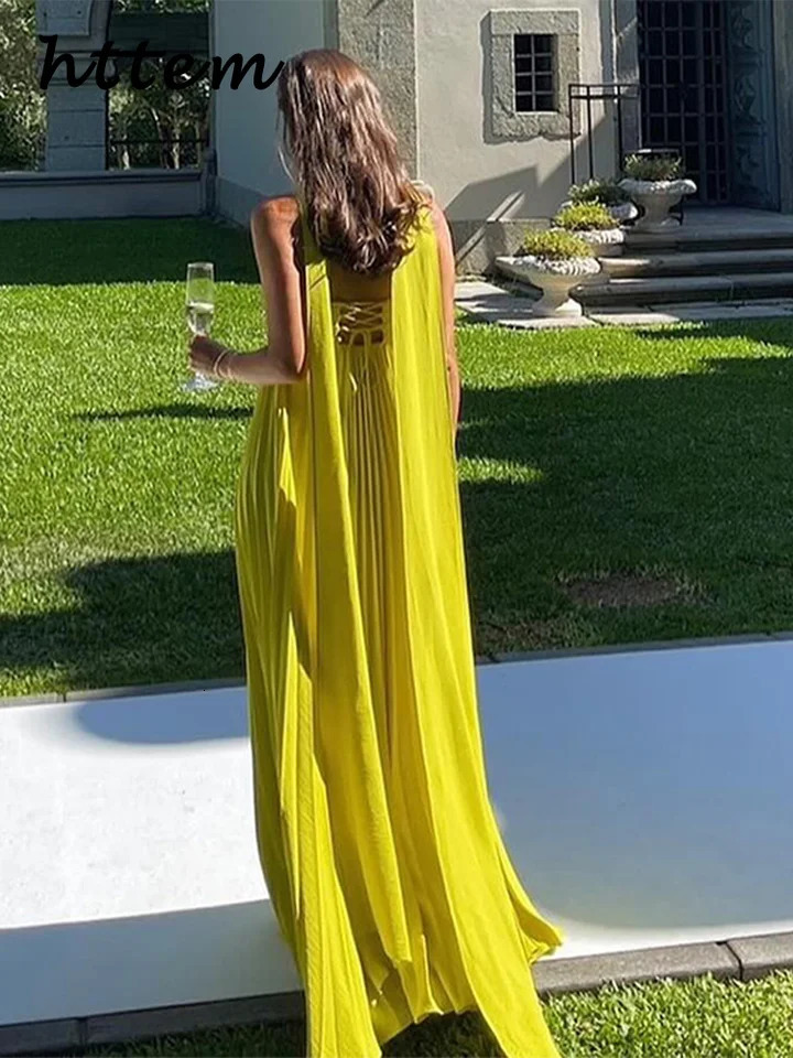 Elegant Strapless Ribbon Long Dress Women Sexy Sleeveless Backless Pleated Party Dresses Summer Lady Evening Robes 260306