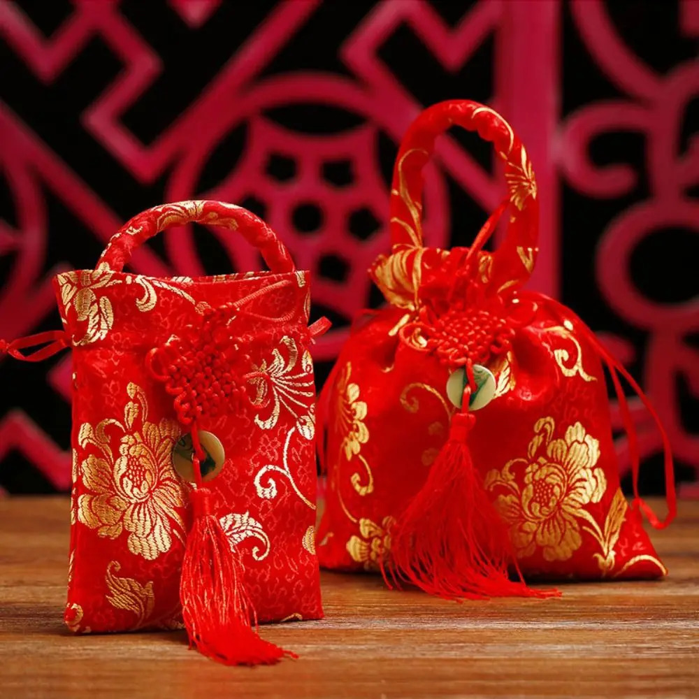 Chinese Style Canvas Flower Drawstring Bag Wrist Large Capacity Knot Tassel Handbag Korean Storage 260307