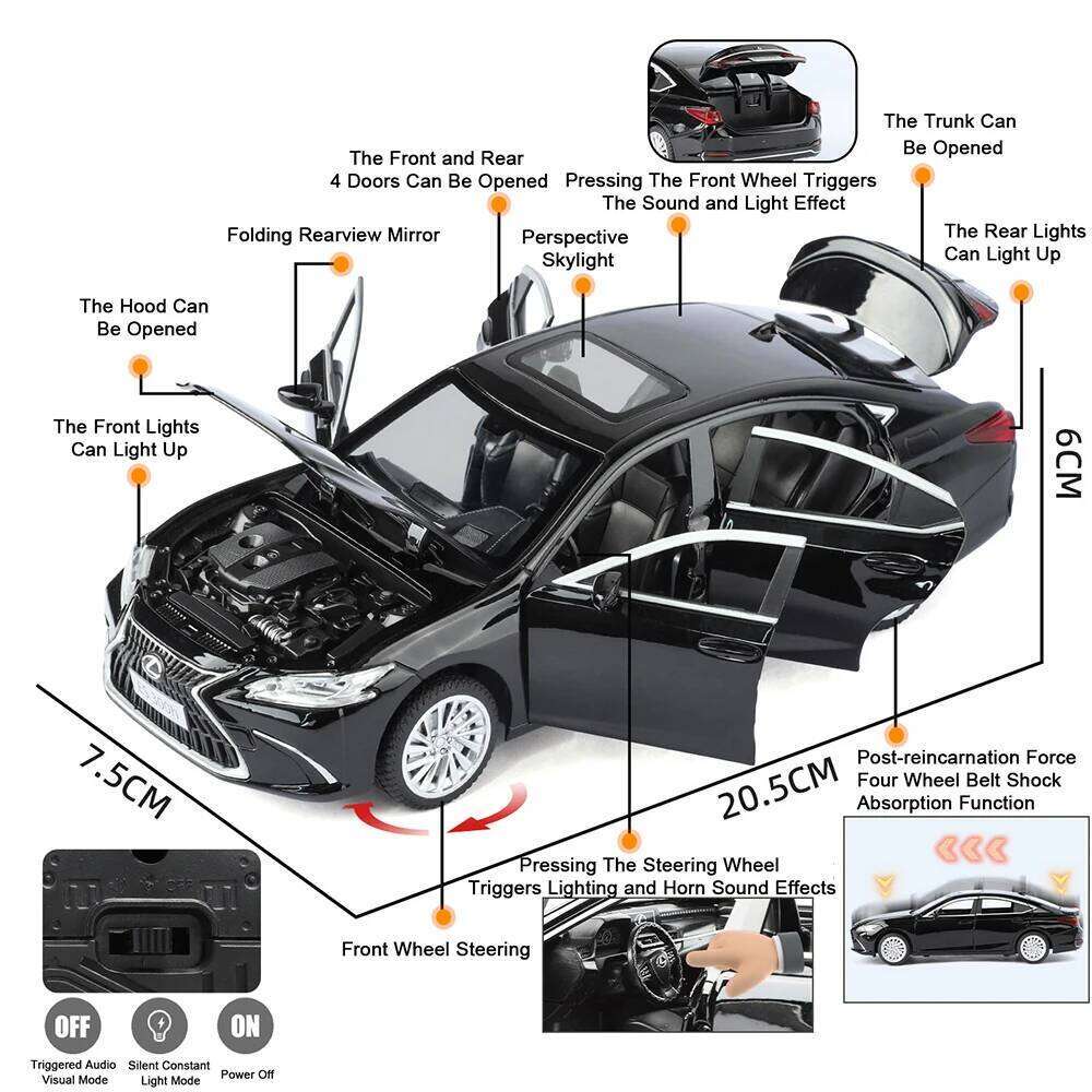 1:24 ES300 ES300H Diecast Models Toys Alloy Cars with Light Music Rear Wheel Pull Back Doors Opened Vehices Home Decor Ornaments Z260306