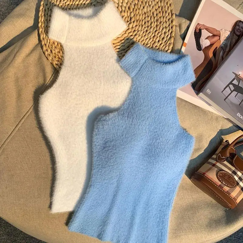 Spice Girl Hair Halter Neck Camisole Female Mink Inside Tank Top Autumn and Winter Sense Knitted Bandeau Top 260306