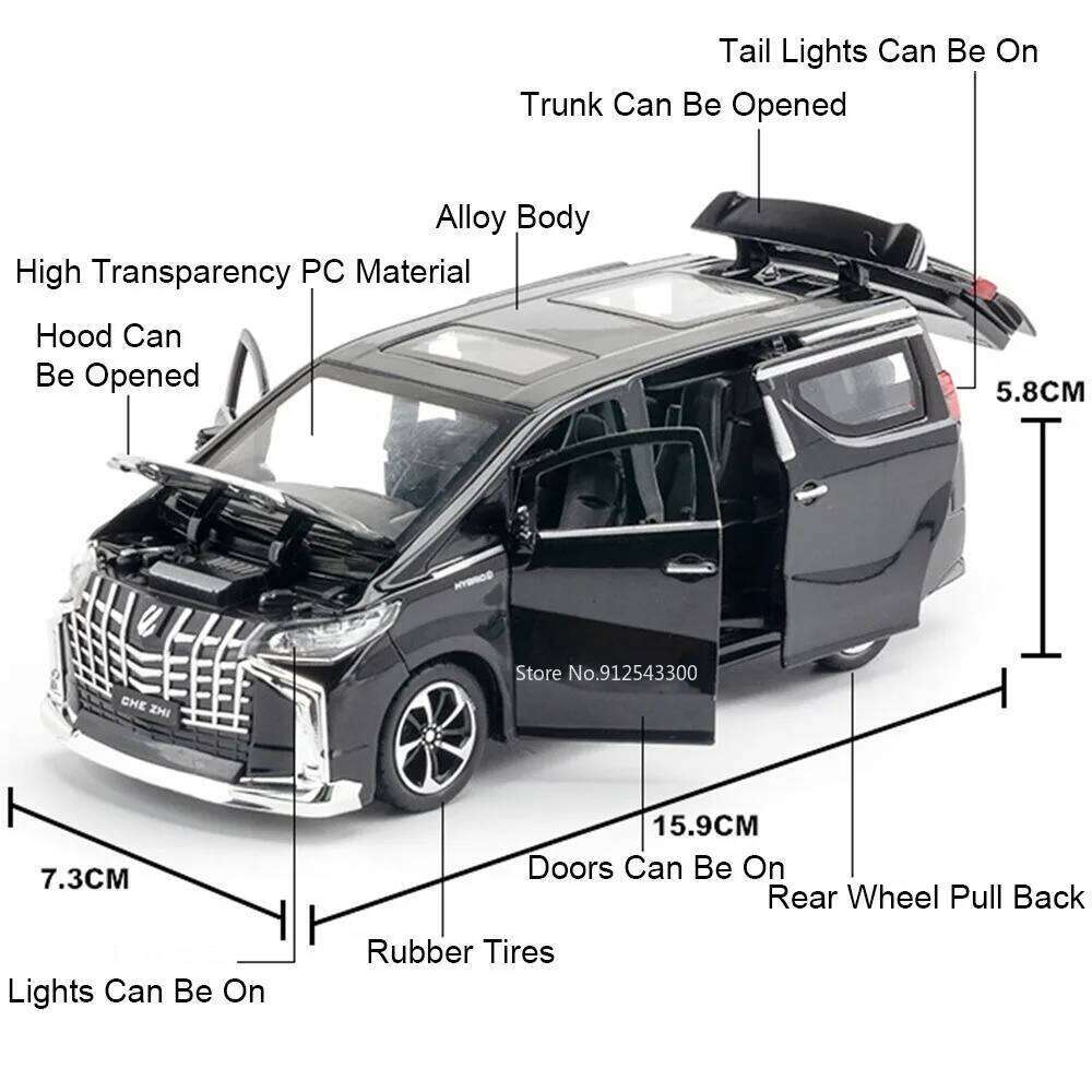 1:32 Hiace Alphard Car Toys Diecast Alloy Model Doors Opened Sound Light Pull Back Rubber Tire Miniature Vehice Boy Fun Toy Gift Z260306