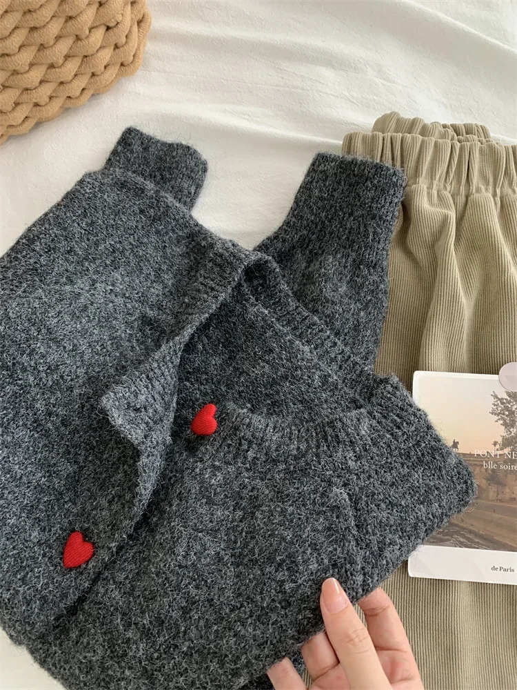 Deep Grey Wool Knitted Cardigan For Women 2026 Autumn Winter Soft And Sticky Warm Love Buckle Shoulder Sleeves 260305
