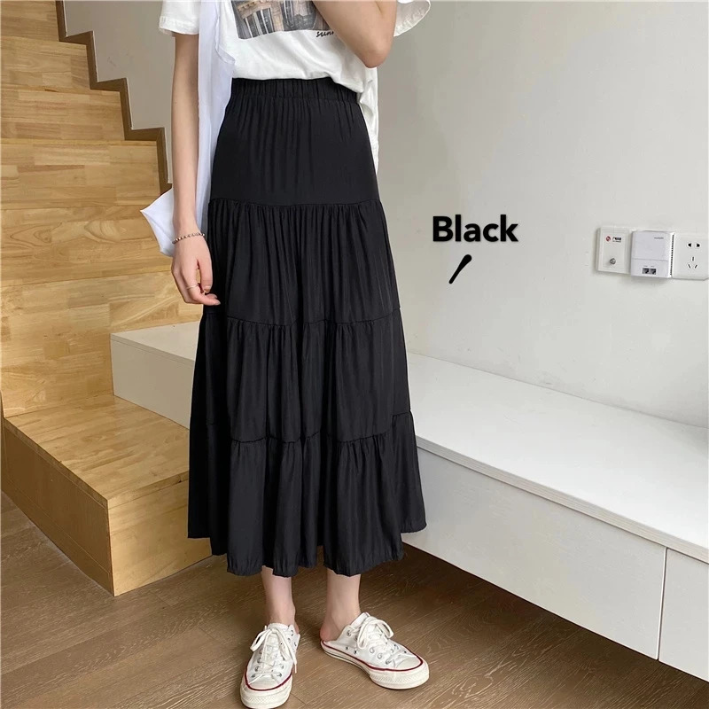 Spring Summer Women Chiffon Skirts Vintage High Waist Elastic Patchwork White Black Chic Long Cake A-line Skirt for Student 260228