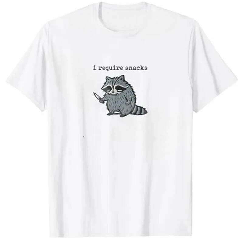 I Require Snacks Raccoon T-Shirt Humor Funny Cute Animal Print Y2k Design Tees Graphic Outfit Short Sleeve Blouses Novelty Gift XJ260306