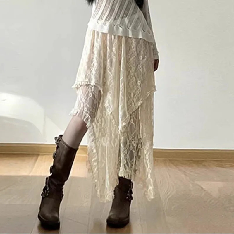 Lace Asymmetrical Skirt Women Vintage Y2K Boho Aesthetic Fashion High Waist Mid Skirts Summer Ladies Holiday Outfits 260228