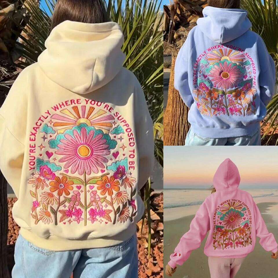 Combhasaki Women's Y2k Floral Letter Embroidered Hooded Pullover Cozy Stylish Long Sleeve Loose Sweatshirts With Kangaroo Pocket Gym Clothing Swe