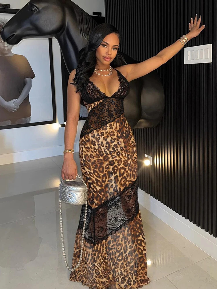 Weird Puss Mesh Patchwork Mermaid Dress Women Leopard Print Sexy Low-Neck Cleavage Backless Ruched Midnight Fashion Long Bodycon 260306