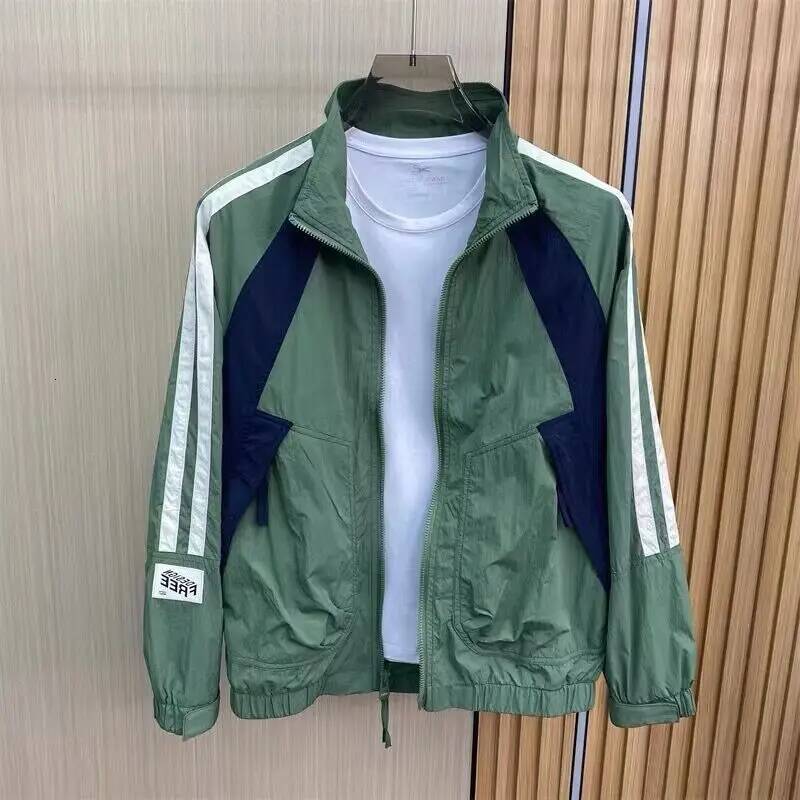 New Brand Fashion Striped Spliced contrasting Cardigan Stand Collar Jacket