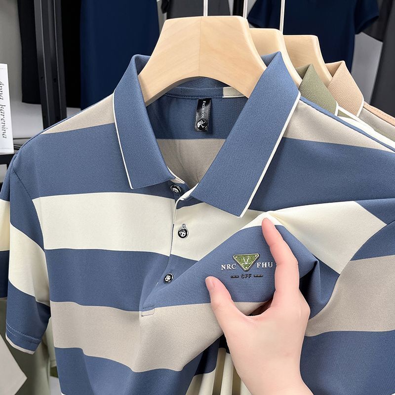 Luxury Brand Designer Clothes Summer New Business Casual Color Woven Stripe Polo Shirt Short Sleeve Wide Stripe Turn-Down Collar Short Sleeve T-Shirt 