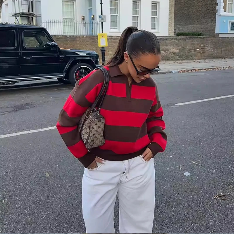 Womens 2026 Knitted Striped Sweater Polo neck Pullover Spring Fashion Loose Elegant Warm Young Women Street Blouses 260306