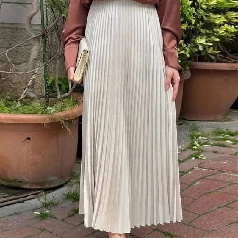 HXAO Womens Pleated Skirt Summer Brown Ruffle Skirt Cylinder Pleats Mid Waist Midi Skirt Fashion Elegant Women Long Skirt 2025 260228