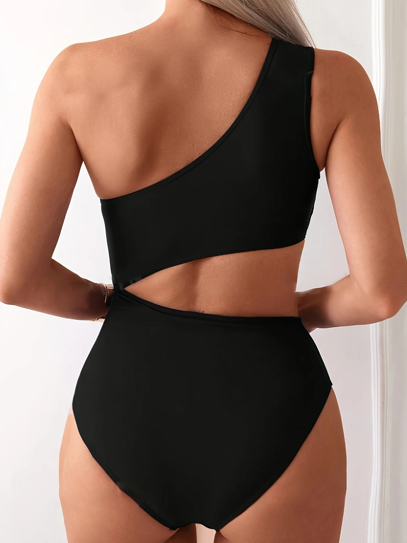 A Set of Sexy Solid Color Hollow Jumpsuit Beach OneShoulder Womens Swimsuit 260306