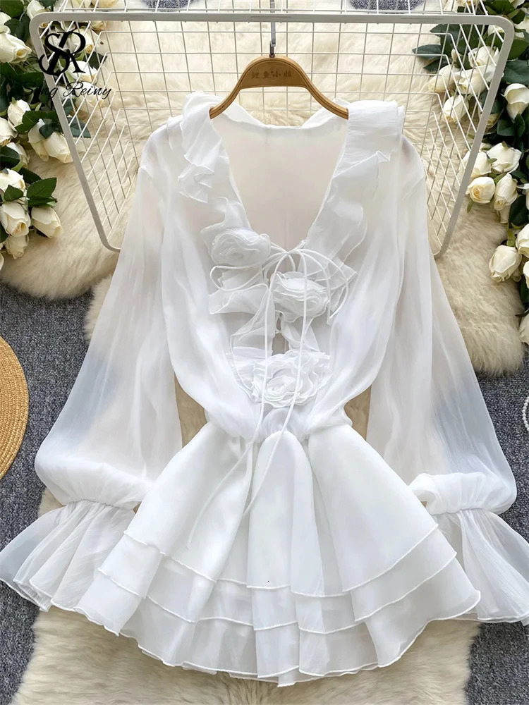 SINGREINY 3D Floral Beach Short Dress Female Long Sleeves Lace Up Ruffle Chiffon Cake Sundress Sheer Sexy Vintage Bohemian Dress 260304