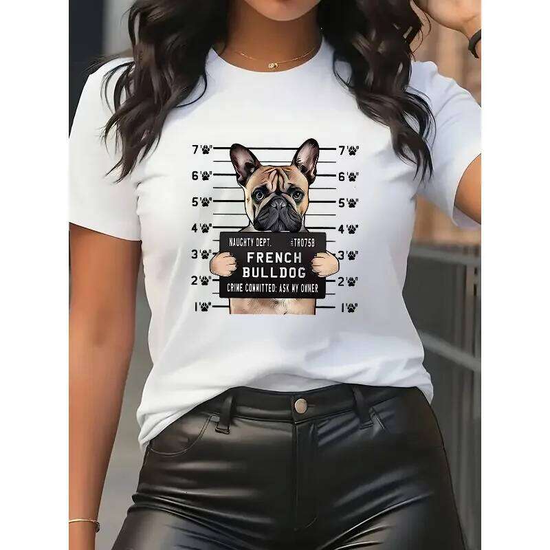 Fun and Cute Fighting Pattern Women's Short Sleeved T-shirt with Doll Dog Playful Design Easy To Wear Round Neck Casual Top XJ260306 XJ260306