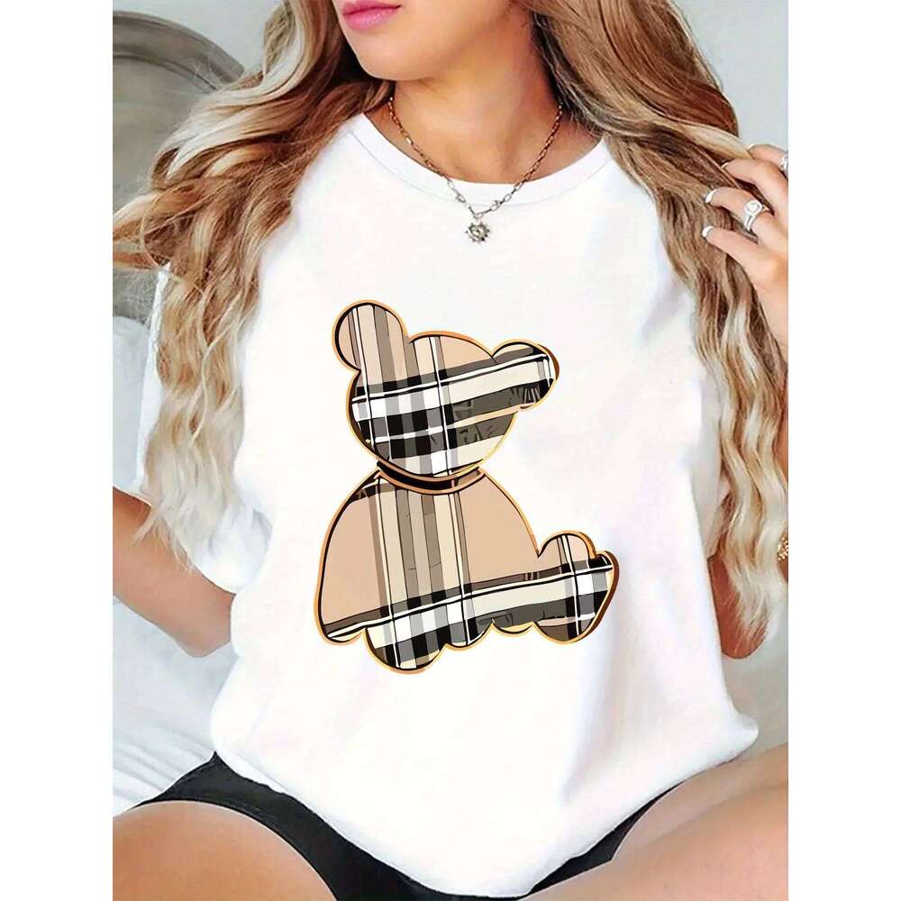 Women's Sporty Casual Striped Bear Print T-Shirt - Breathable Moisture-Wicking Lightweight Soft Round Neck Short Sleeve Top XJ260306