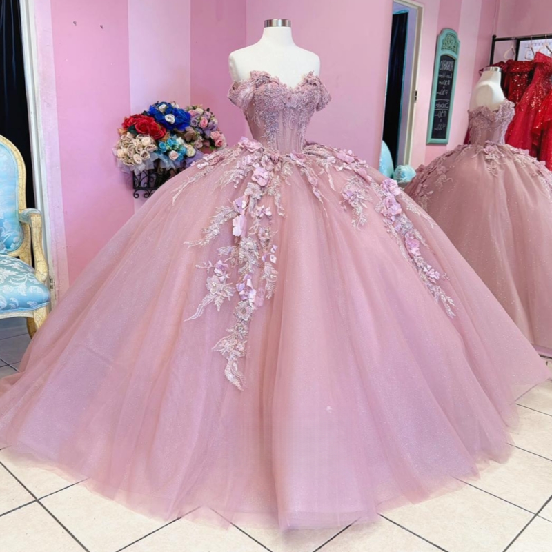 Pink Shiny Quinceanera Dresses Ball Gown Off The Shoulder Applique Flower Beading Crystal Tull Corset Party Birthday Sweet 16 Vestidos 15 De Anos