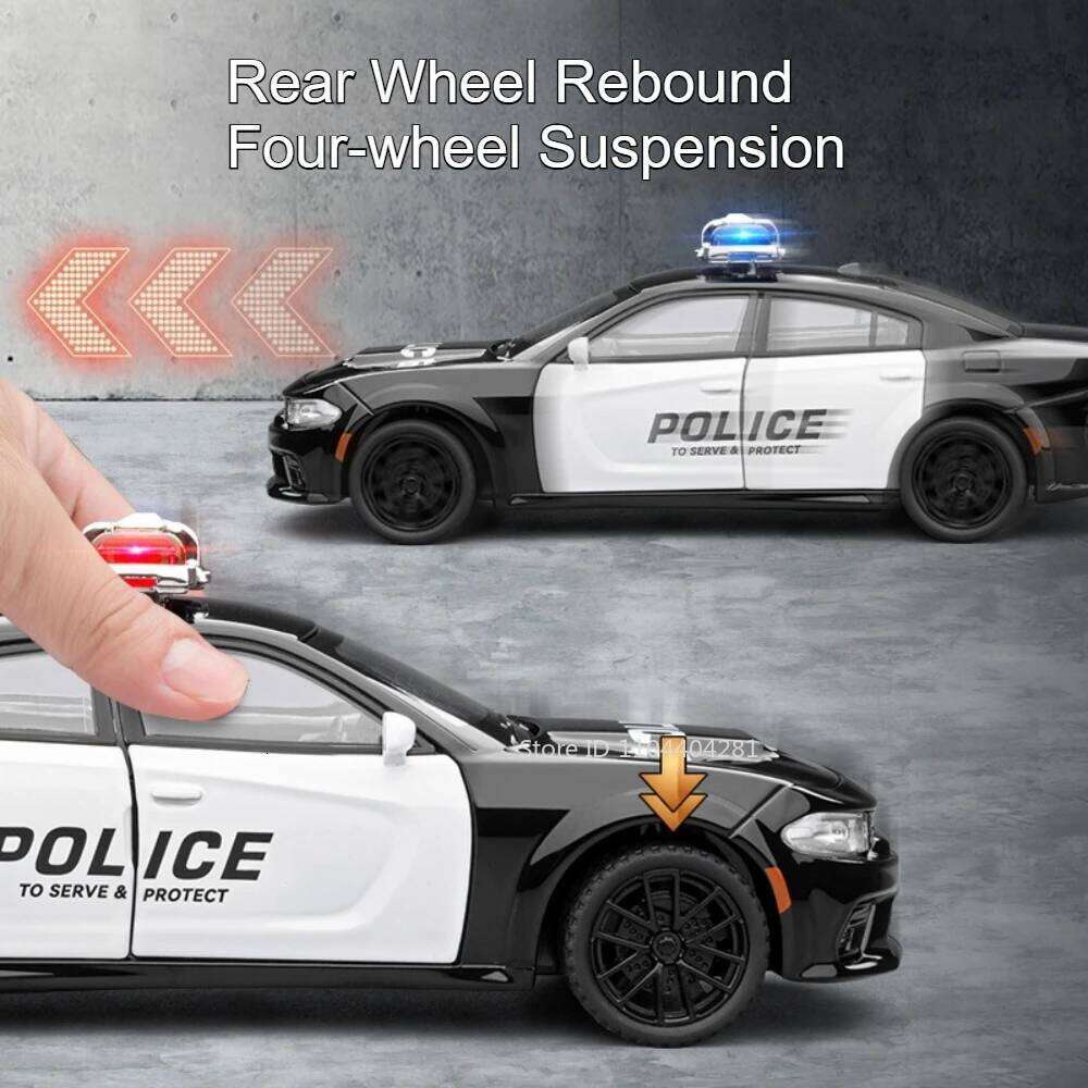 1:32 Charger Police Car Hellcat Alloy Diecast Model Toys Doors Opened Ornament Sound Light Pull Back Vehices Boy Collection Gift Z260306