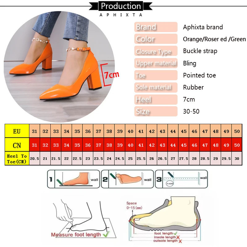 Aphixta Rhinestone Pearl Chain 7cm Chunky Heels Pumps Women Shoes String Bead Pointed Toe Bling Crystals Pumps 260306