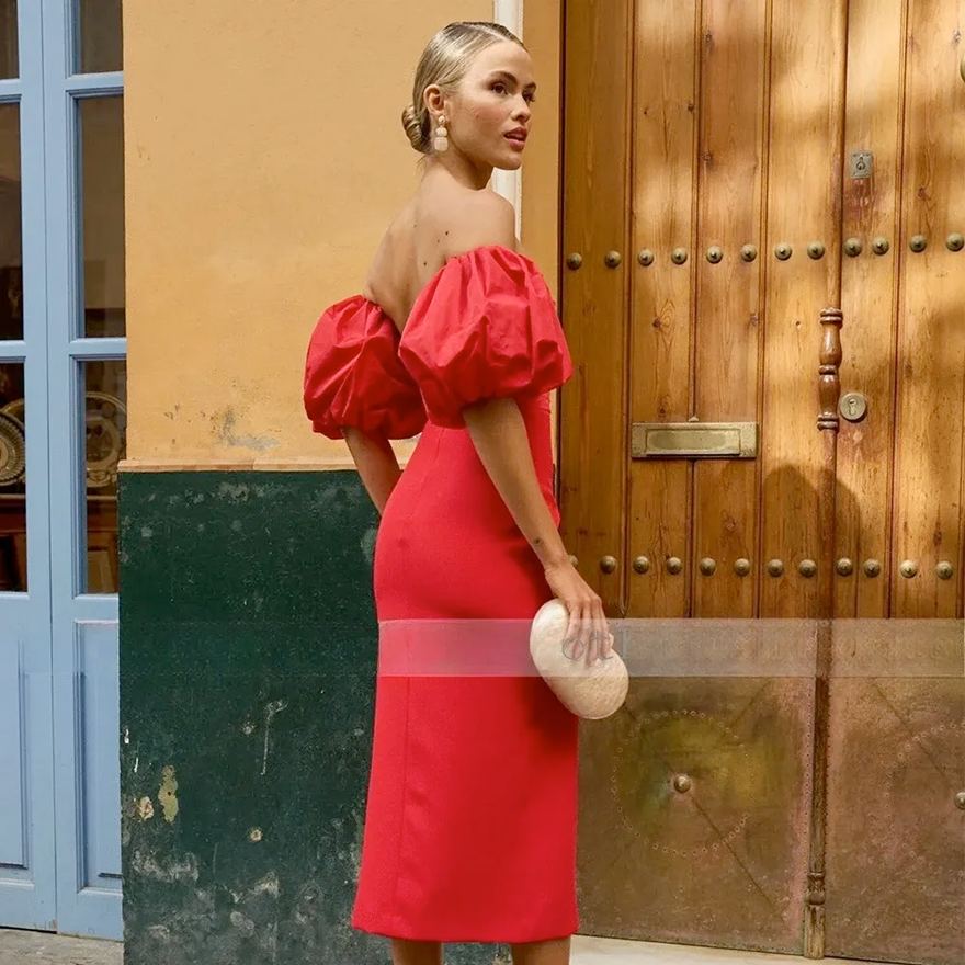 Elegant Red Prom Formal Dress 2026 Off the Shoulder Puffy Sleeves Tea Length Satin Column Evening Pageant Party Gowns For Birthday Robe De Soriee BC92