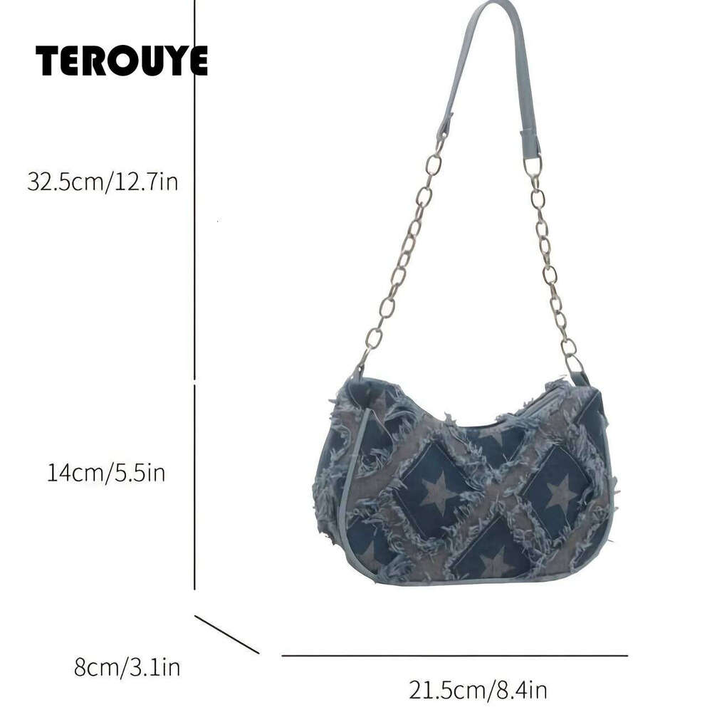 Women's Tote With Star Pattern Blue Distressed Golden-Tone Hardware Stylish Handbag Shoulder Bag For Everyday Use TEROUYE