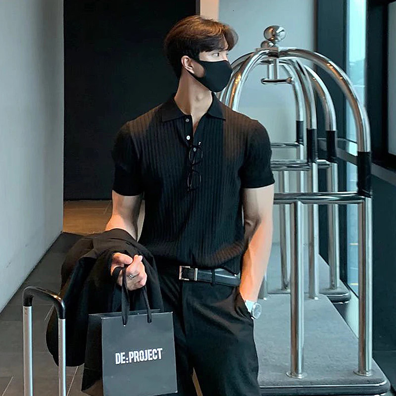Summer Mens Clothing Retro Knit Lapel Striped Polo Shirt Solid Color Short Sleeve Fashion Light y Knitwear M3XL 260302