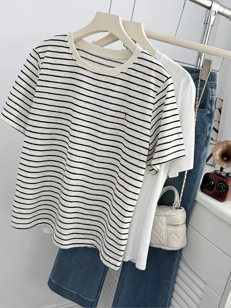 2026 Spring/Summer Fashion Heart-shaped Short-sleeved Womens T-shirt Summer Loose and Simple Embroidery Top 260304