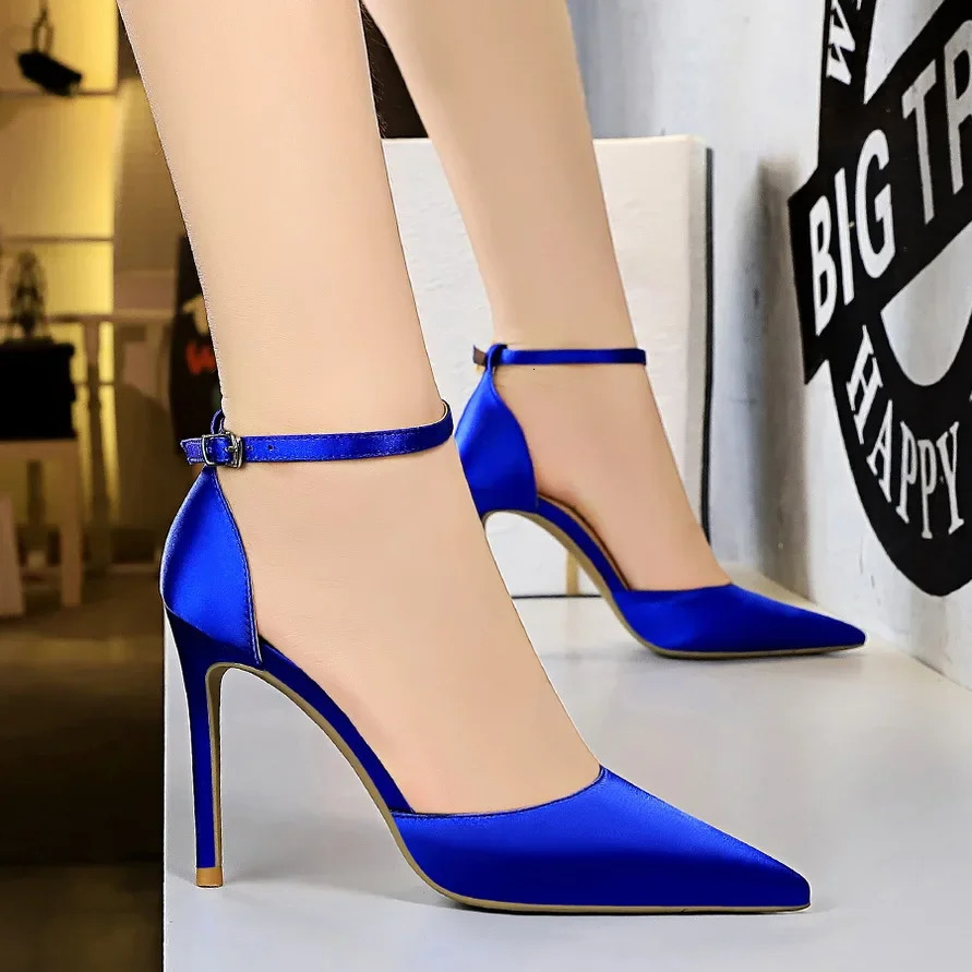 Summer Women 10cm High Heels Sandals Lady Wedding Bridal Scarpins Silk Heels Fetish Pumps Blue Green Pink Strappy Fashion Shoes 260306