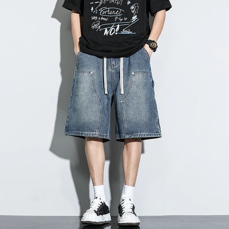 Vintage Cargo Denim Shorts Men Summer Fashion Dark Blue Dyed Distressed Fashion High Street Straight Wide Short Jeans 260304