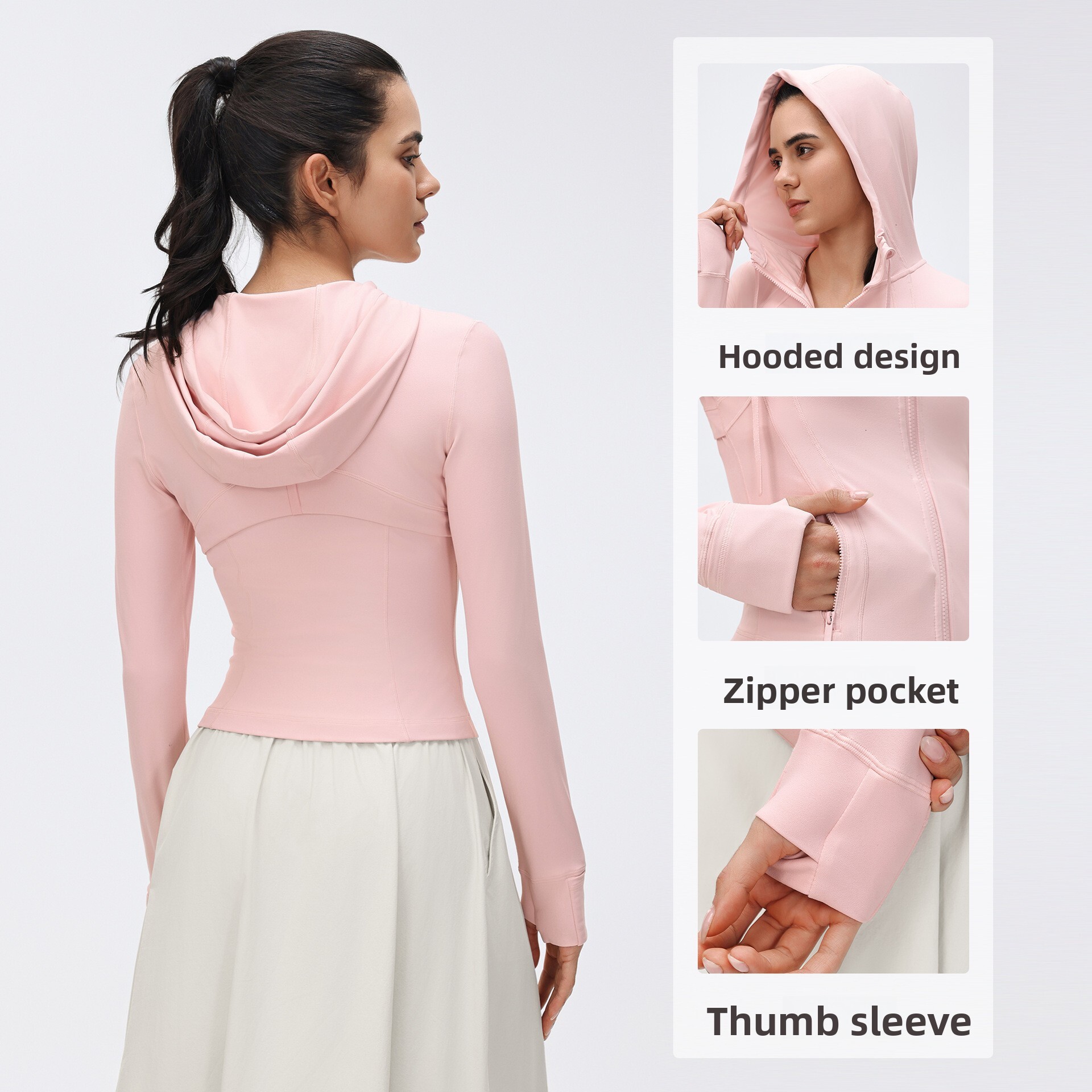 New Windproof Hooded Drawstring Yoga for Women, Short Slimming Waist Running Fitness Jacket D25180