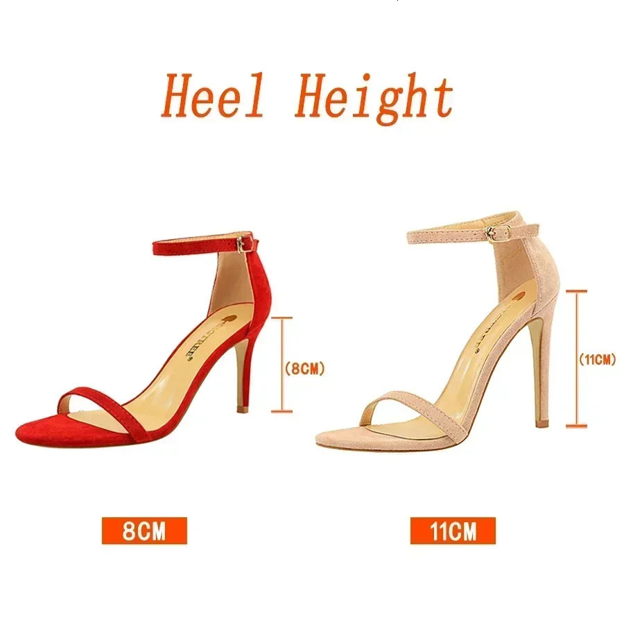 Women Gladiator Stiletto Classic Ankle Strap Holiday Beach Sandals Lady Fashion Suede 8cm 11cm High Heels Sexy Red Brown Sandles 260306