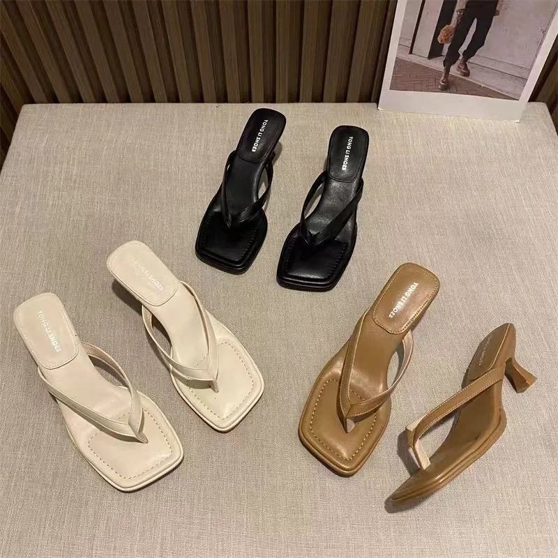 Womens Medium High Heel Slippers Summer People Slippers High Heels Fine Heel Clip Toe Shoes 260306