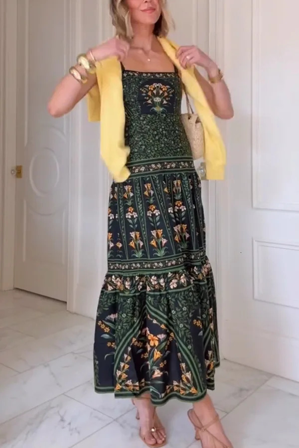 Boho Sling Long Dress Fashion Print Sleeveless Large Swing Party Evening Dresses Casual Retro Holiday Robe Womens Clothes 260306