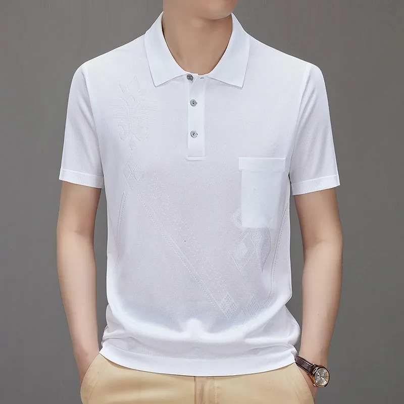 High End Mens Polo Shirts Casual Smooth Shiny Silk Short Sleeve Tennis Shirt Summer Business Dangling Mercerized Cotton T-shirt 260305