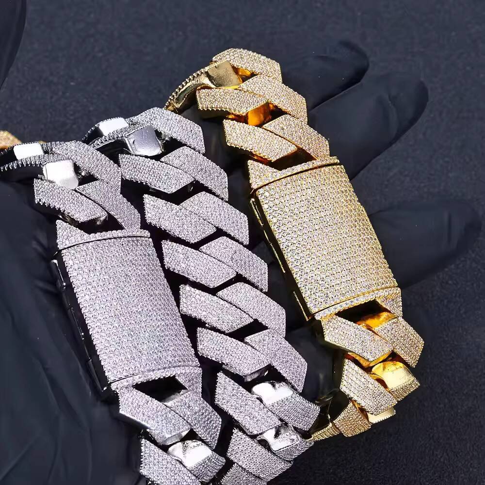 Mens 25mm Iced Prong Cuban Link Chain Silver-Plated Brass 6 ROW Moissanite Diamond Hip Hop Style Necklace