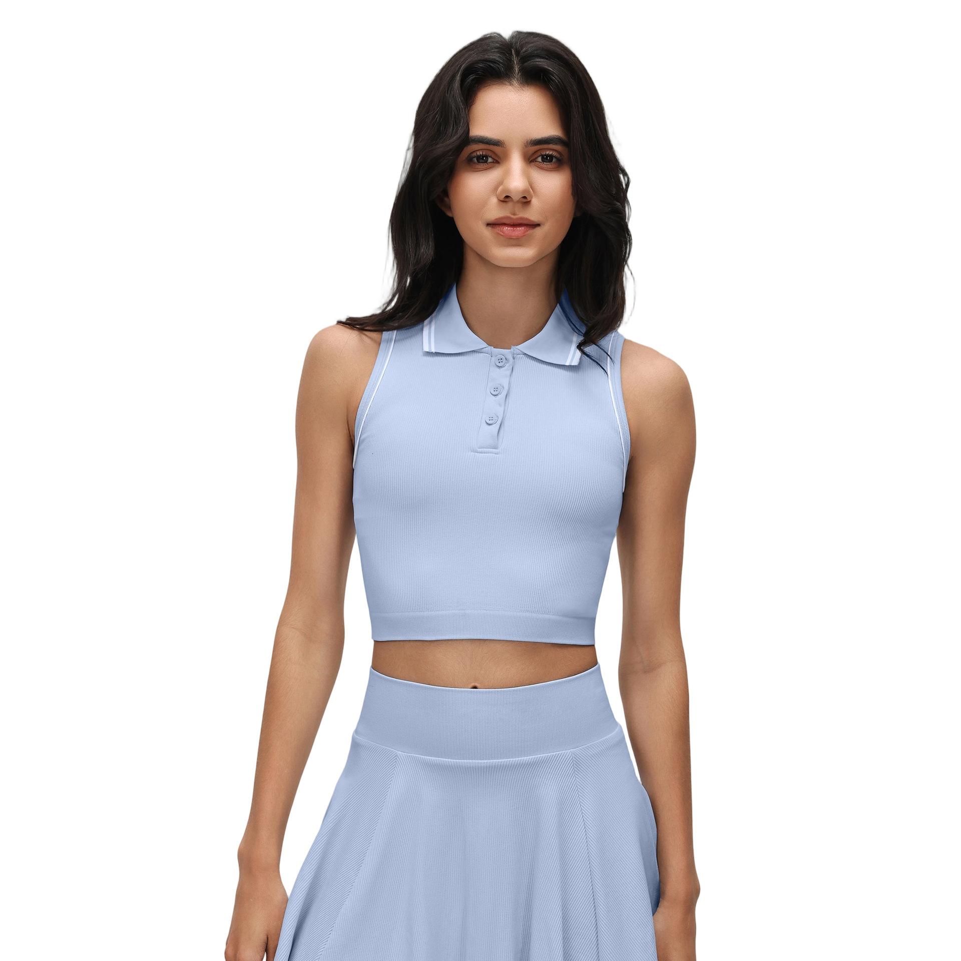 Seamless Color-Block Button Turn-Down Collar Sports Vest for Women Fashionable Versatile with Chest Pad Fitness Yoga Top