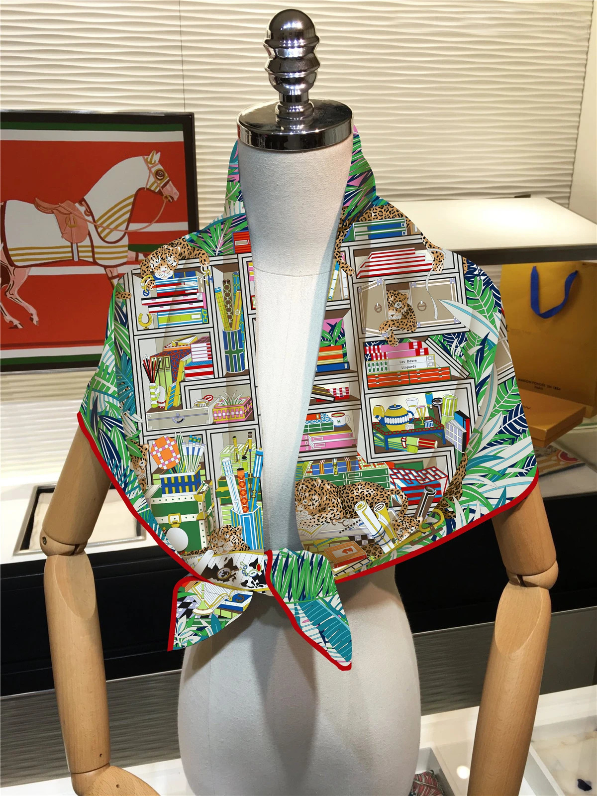 90cm Bookshelf Leopard Square Scarf Women Twill Silk Scarf Shawl Hijab Bandana Foulard Neckerchief Head Scarf 260302