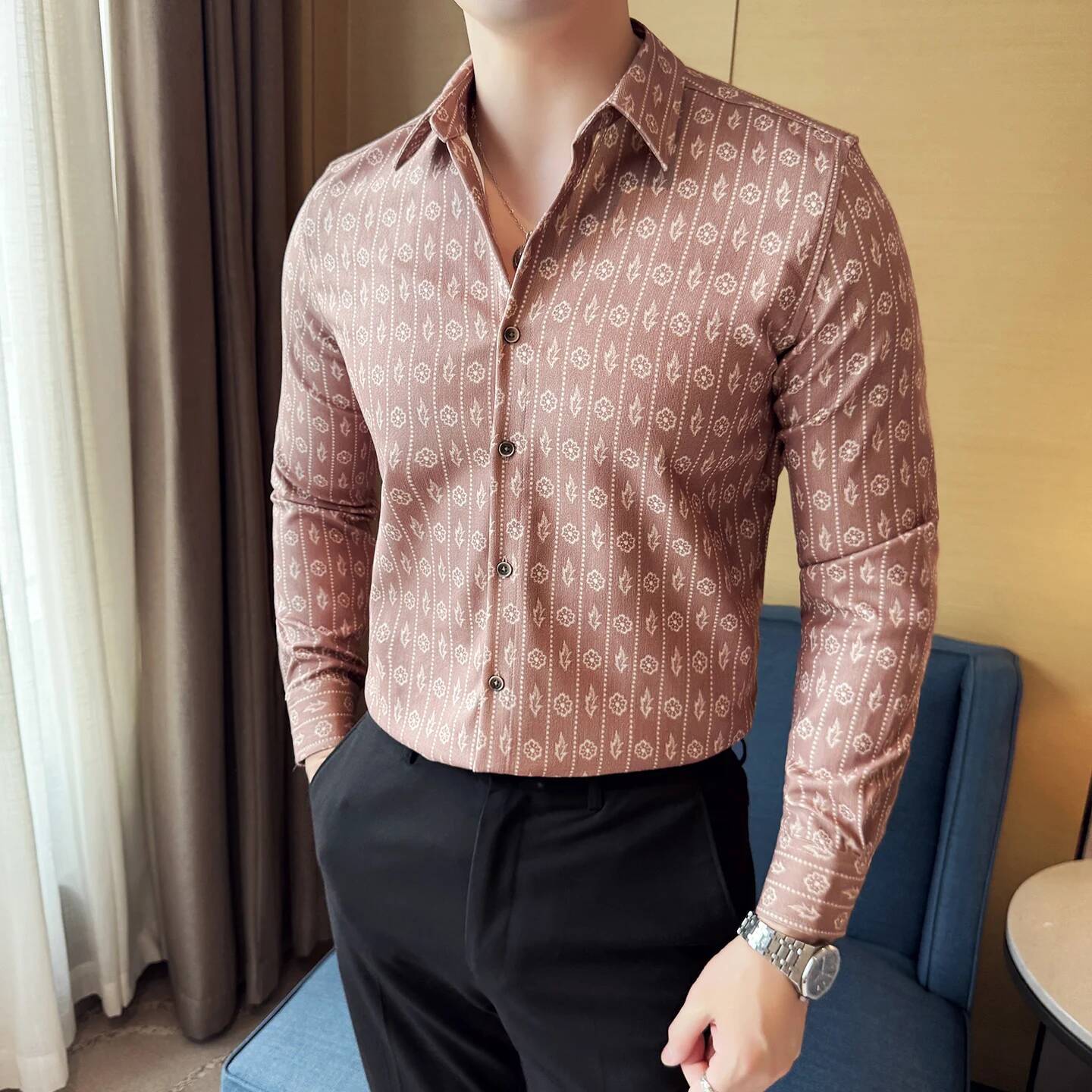Suede Autumn and Winter Thick Men's Long Sleeved Fashionable Casual Luxury Retro Printed Slim Fit Shirt 4XL-M
