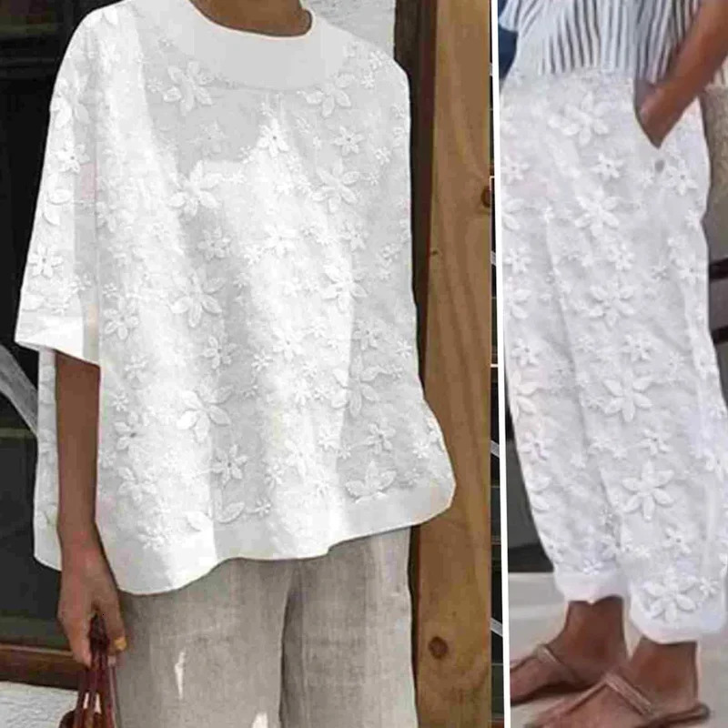 Lady Loose Two Pieces Suits Womens Hollowed Out Cotton Linen Lace Suit Spring Summer Casual Pockets Solid Color TopPants 260304