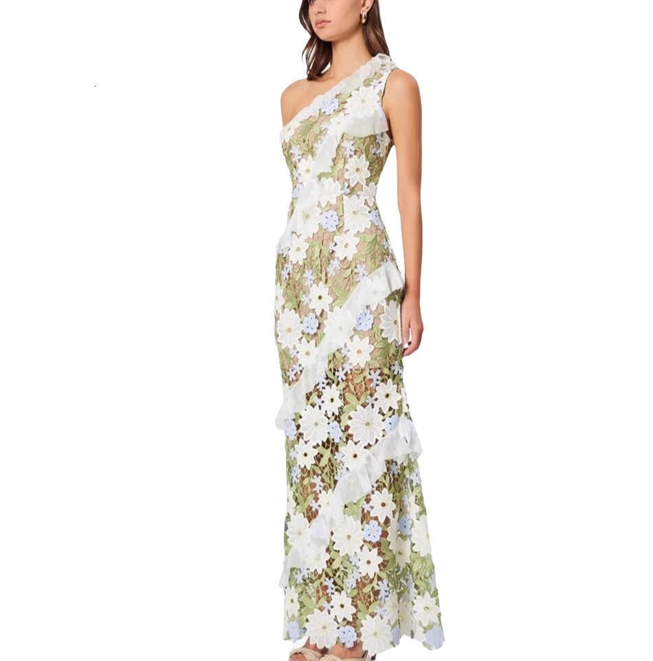 2026 Spring and Summer Fashion Brand Design a2 Single Shoulder Sleeveless Colorful Flower Lace Slimming Long Dress