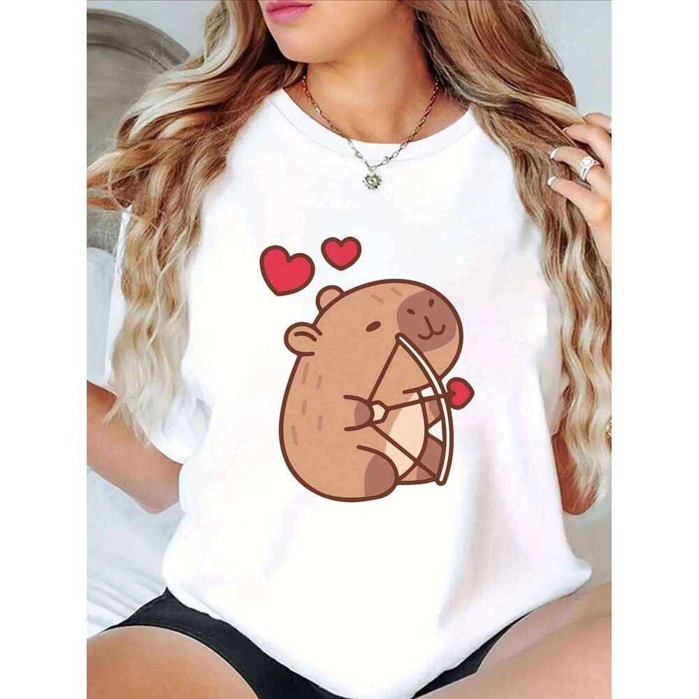 Capybara Printed Short-Sleeve Round-Neck Casual Top Women Suitable for Spring Summer Sleeved Harajuku Streetwear Tops Tees XJ260306