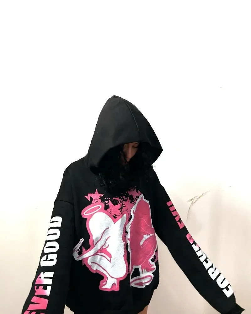 American Retro Couple Sweatshirt Gothic Letters Sexy Dark Girl Personalized Print Oversized Hoodie Y2K Hip-Hop High Street 260304