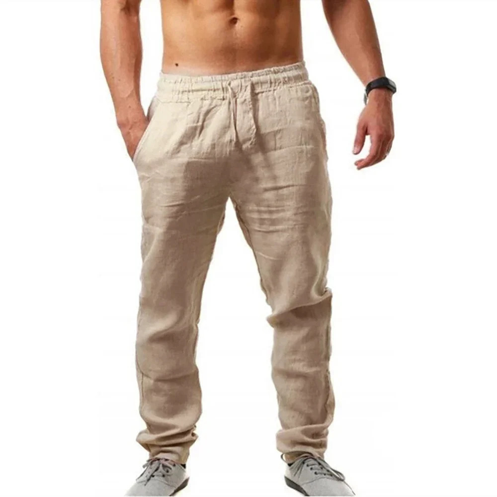 Mens Cotton Linen Pants Linen Breathable Elastic Waist Pants Breathable Casual Jogging Fitness Trousers Summer Sports Sweatpant 260304
