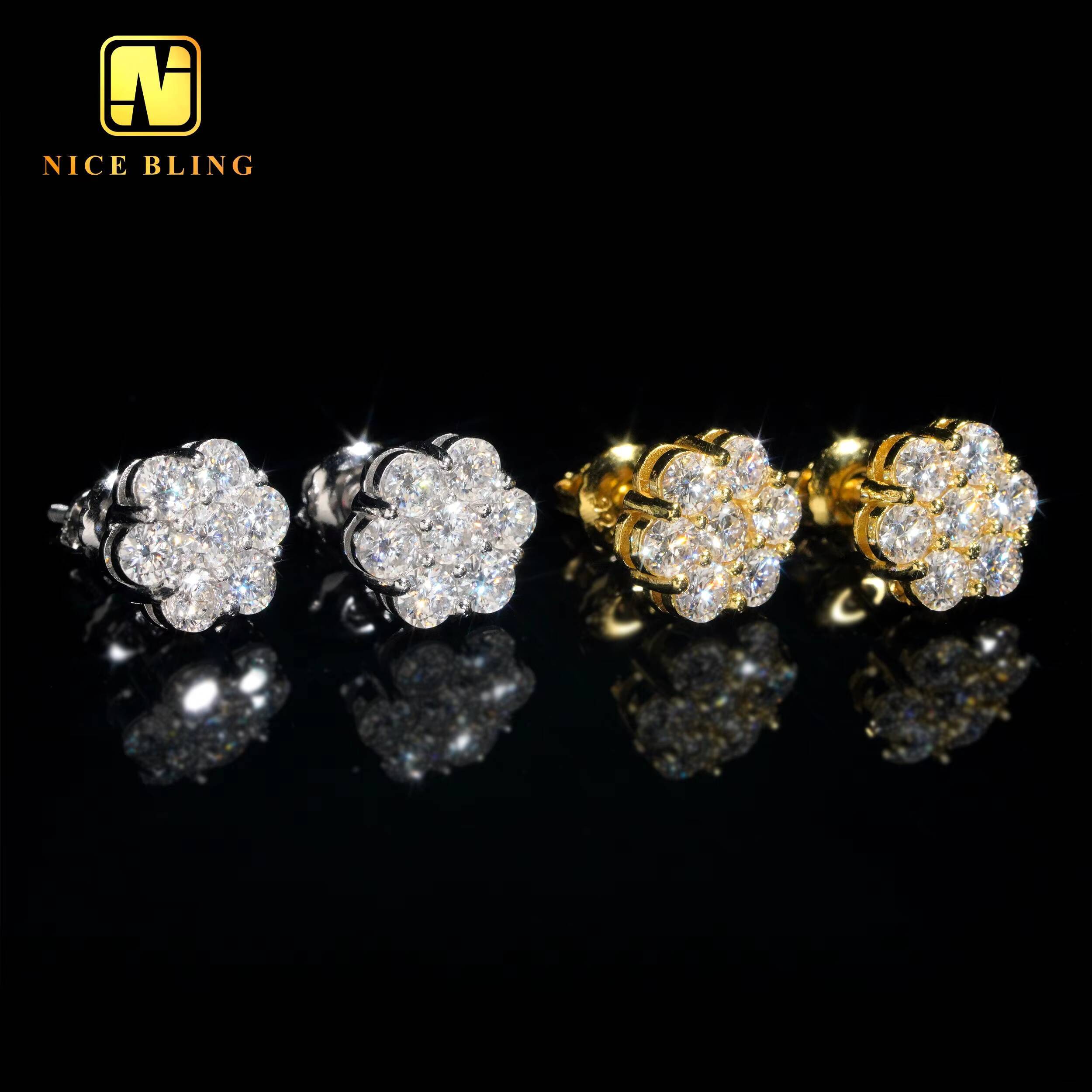 9MM Flower Earrings Trendy Silver Jewelry Hip Hop Fashion Cluster Earrings Moissanite Diamond Ear Studs for Men Women