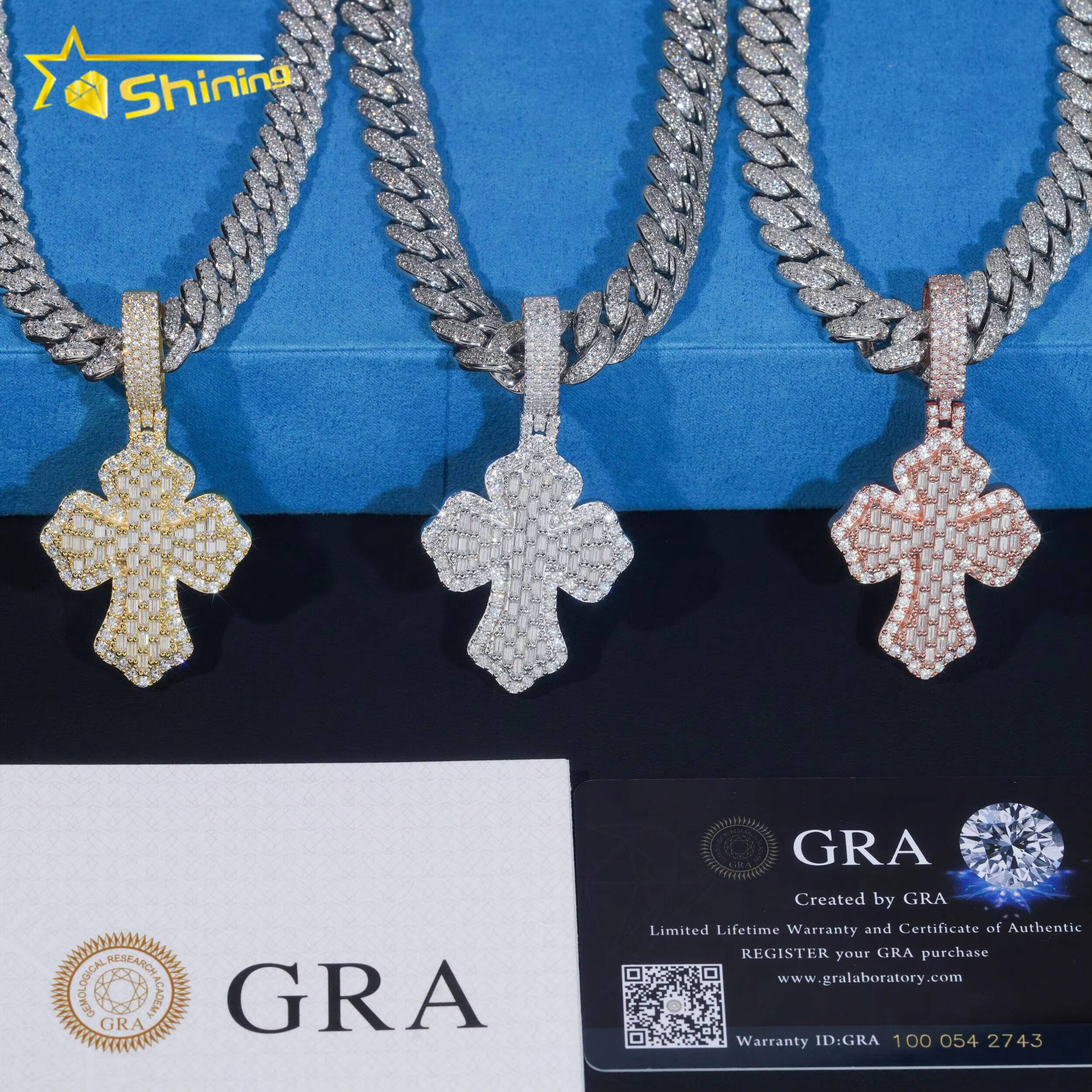 Best Selling Moissanite Hip Hop Jewelry Iced Out 925 Sterling Silver Baguette Moissanite Diamond Cross Pendant