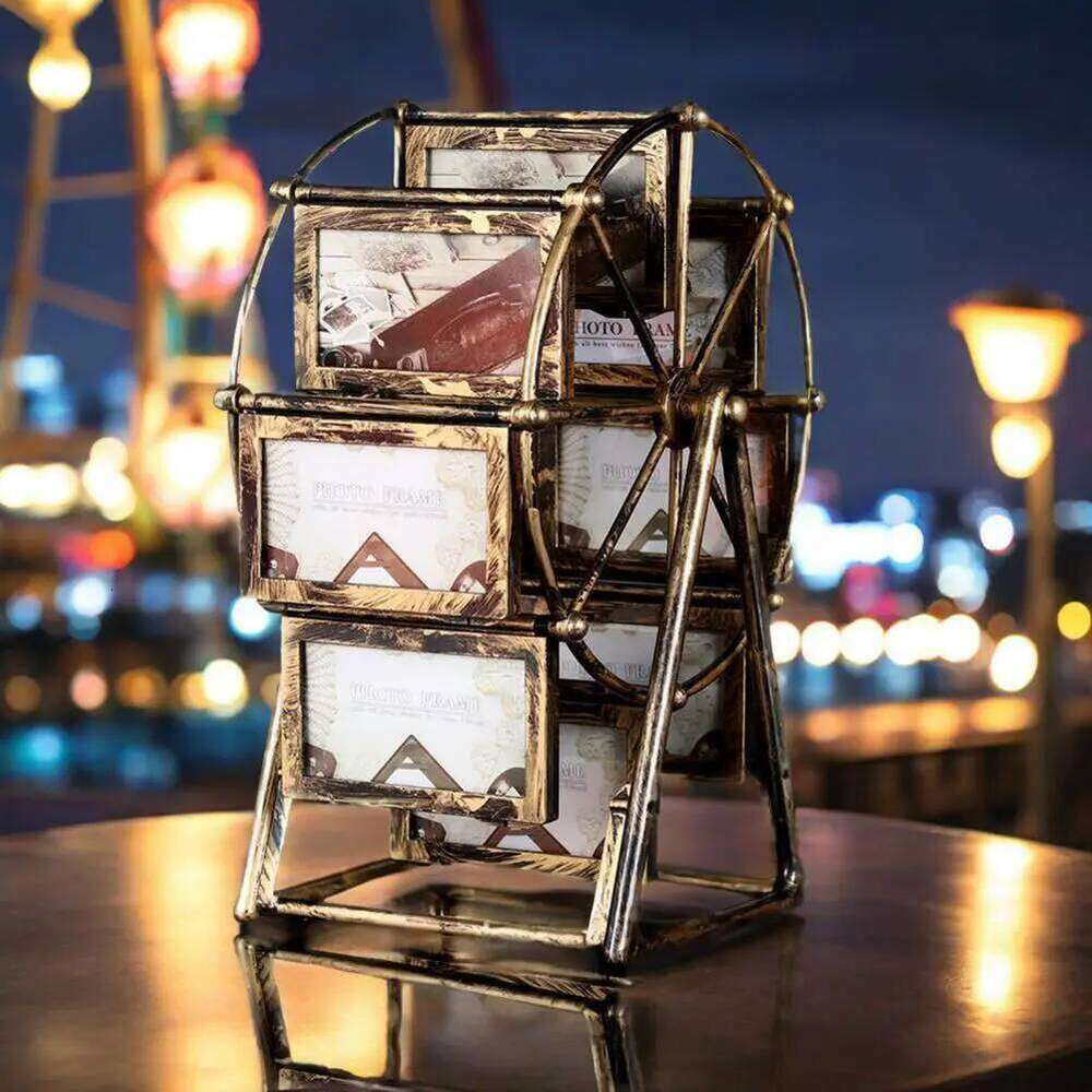 360 Degree Rotating Ferris Wheel Photo Frame 16-photo Vintage Embossed Display 360 Spin Bronze Picture for Home H260306