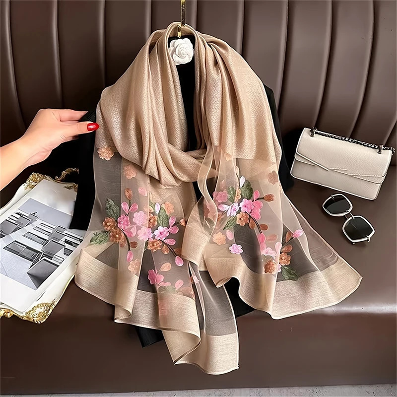 Women Silk Wool Scarf Floral Embroidery Hijab Female Foulard Spring Summer Thin Pashmina Shawls Wraps Bufanda Headscarf Stoles 260302