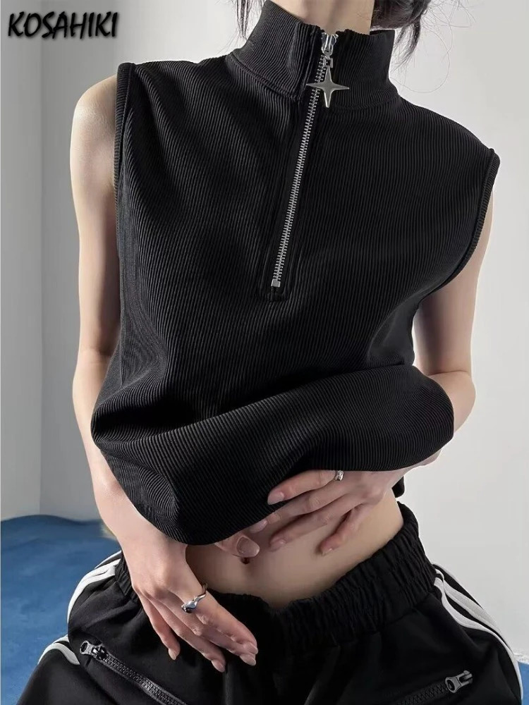 Gothic Tank Top Men and Women Harajuku Punk Vintage Stand Neck Zipper Streetwear Sleeveless Tanks Y2k Aesthetic Solid Camisoles 260306