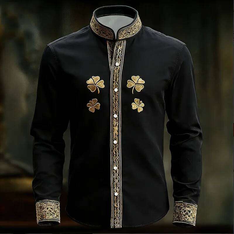 New Men's Floral With Gold 3D Clover Print, Fashionable And Luxurious Long Sleeved Shirt Top