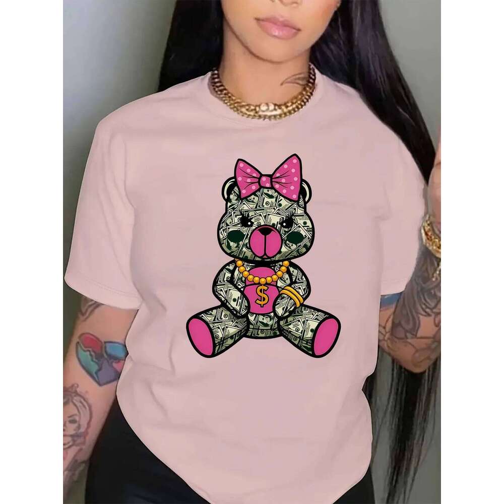 Bear Print T-shirt Casual Crew Neck Short Sleeve Top for Spring & Summer Women's Clothing XJ260306 XJ260306
